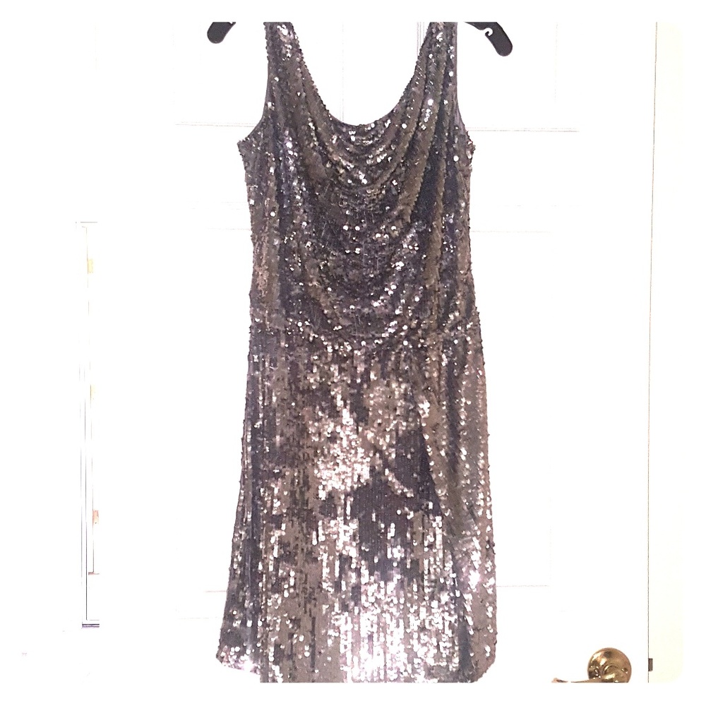 Silver sequined knee length dress. Great for Homecoming or a night out!